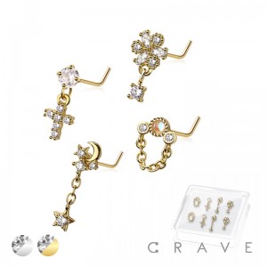 8PCS OF ASSORTED CZ DANGLE 316L SURGICAL STEEL L-SHAPE NOSE STUD BOX
